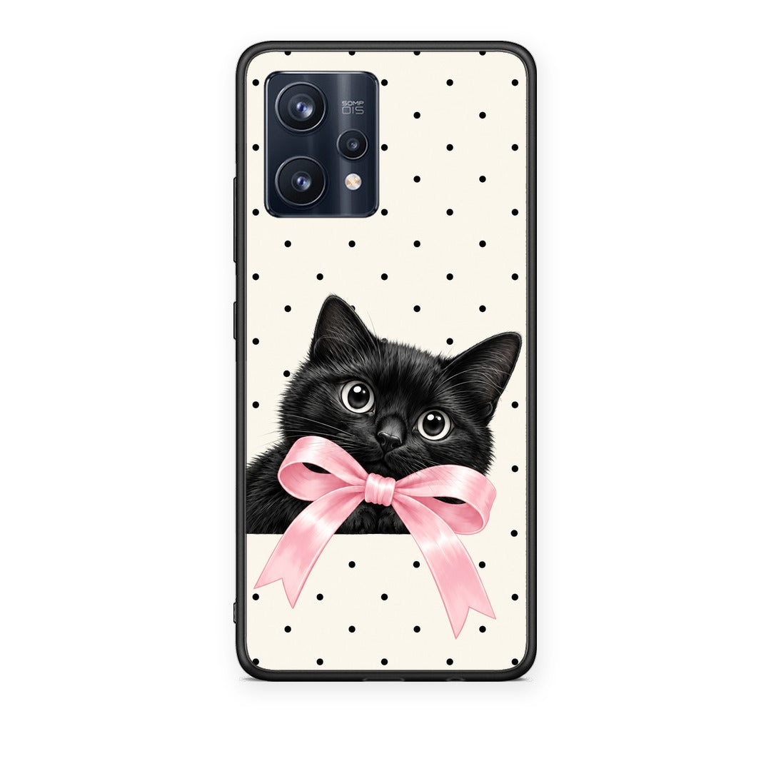 Θήκη Realme 9 / 9 Pro+ 5G Black Kitten Pink Bow and Polka Dots από τη Smartfits με σχέδιο στο πίσω μέρος και μαύρο περίβλημα | Realme 9 / 9 Pro+ 5G Black Kitten Pink Bow and Polka Dots case with colorful back and black bezels