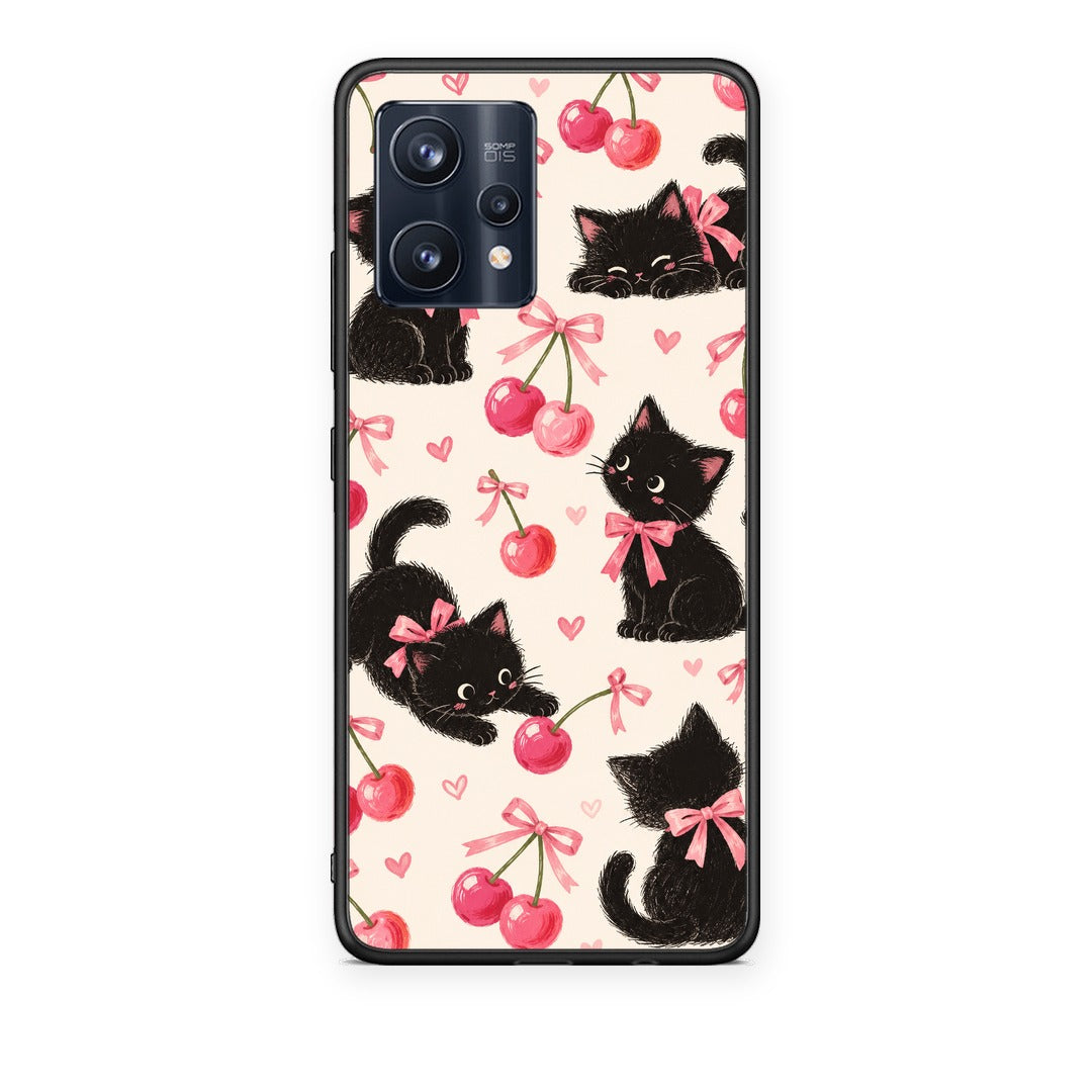 Θήκη Realme 9 / 9 Pro+ 5G Black Kittens and Cherries on Cream από τη Smartfits με σχέδιο στο πίσω μέρος και μαύρο περίβλημα | Realme 9 / 9 Pro+ 5G Black Kittens and Cherries on Cream case with colorful back and black bezels