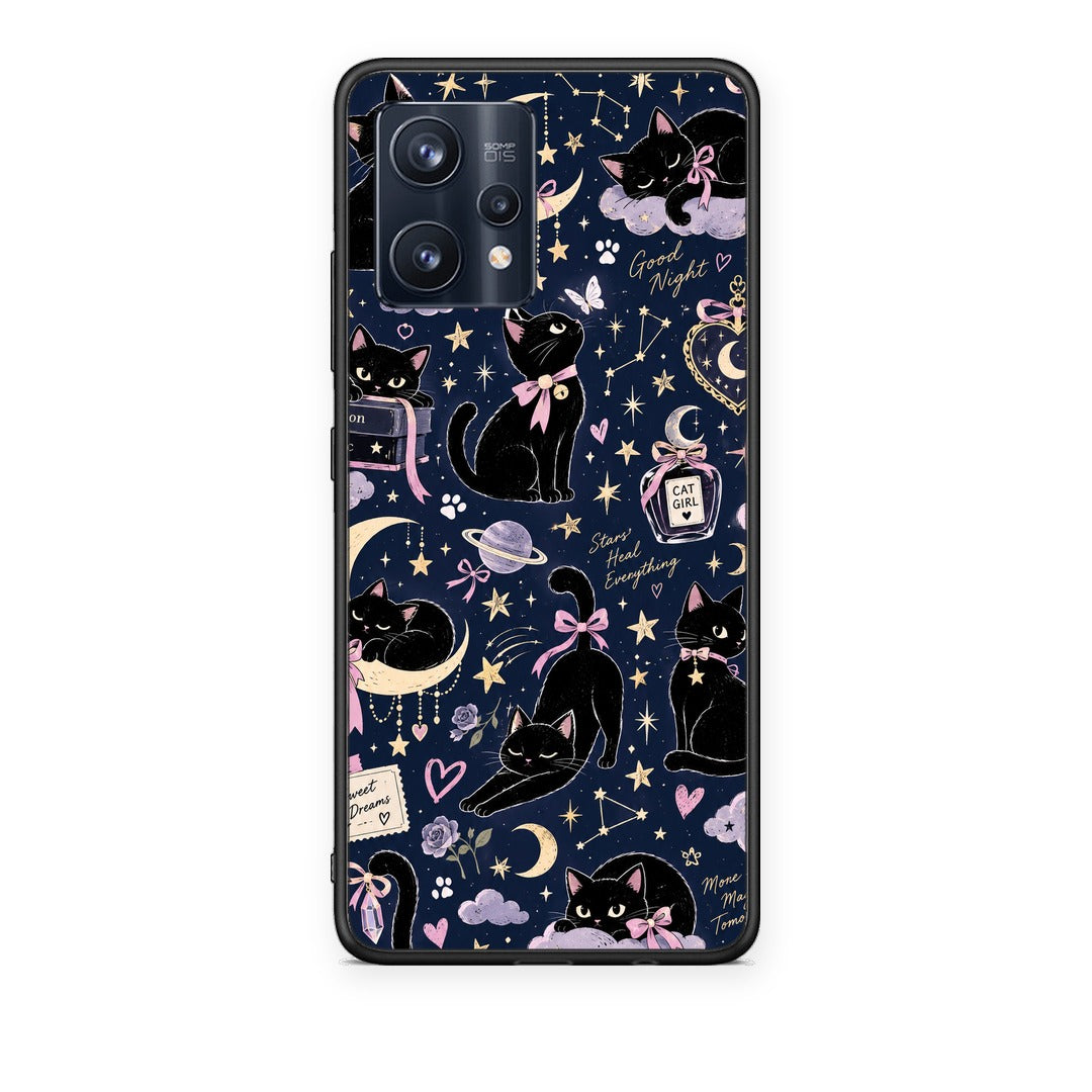 Θήκη Realme 9 / 9 Pro+ 5G Celestial Black Cats on Navy από τη Smartfits με σχέδιο στο πίσω μέρος και μαύρο περίβλημα | Realme 9 / 9 Pro+ 5G Celestial Black Cats on Navy case with colorful back and black bezels