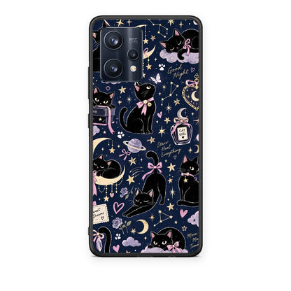 Θήκη Realme 9 / 9 Pro+ 5G Celestial Black Cats on Navy από τη Smartfits με σχέδιο στο πίσω μέρος και μαύρο περίβλημα | Realme 9 / 9 Pro+ 5G Celestial Black Cats on Navy case with colorful back and black bezels