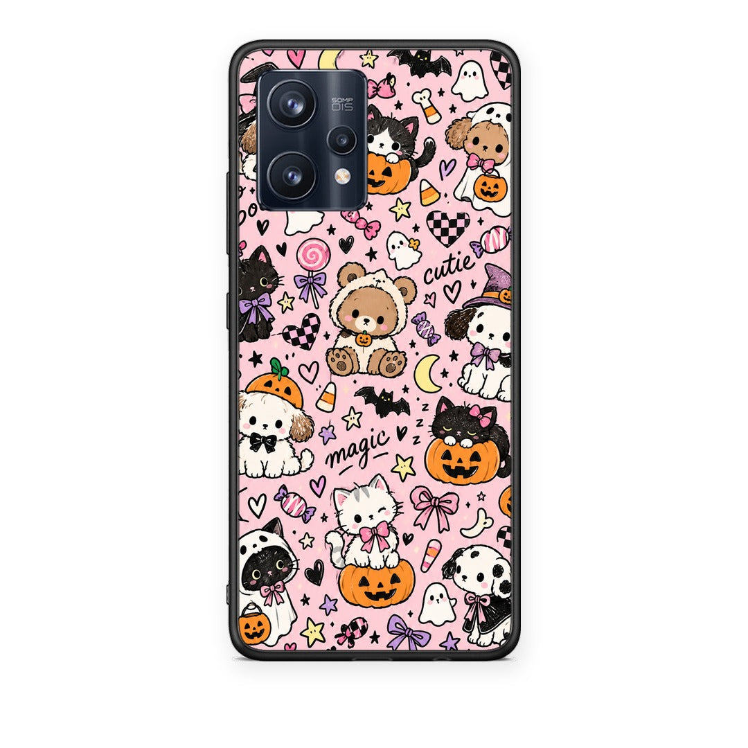 Θήκη Realme 9 / 9 Pro+ 5G Halloween Cute Animals on Pink από τη Smartfits με σχέδιο στο πίσω μέρος και μαύρο περίβλημα | Realme 9 / 9 Pro+ 5G Halloween Cute Animals on Pink case with colorful back and black bezels
