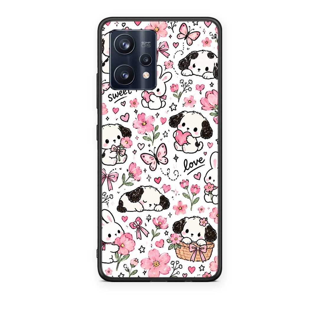 Θήκη Realme 9 / 9 Pro+ 5G Pink Florals Puppies and Bunnies on White από τη Smartfits με σχέδιο στο πίσω μέρος και μαύρο περίβλημα | Realme 9 / 9 Pro+ 5G Pink Florals Puppies and Bunnies on White case with colorful back and black bezels