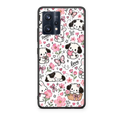 Θήκη Realme 9 / 9 Pro+ 5G Pink Florals Puppies and Bunnies on White από τη Smartfits με σχέδιο στο πίσω μέρος και μαύρο περίβλημα | Realme 9 / 9 Pro+ 5G Pink Florals Puppies and Bunnies on White case with colorful back and black bezels