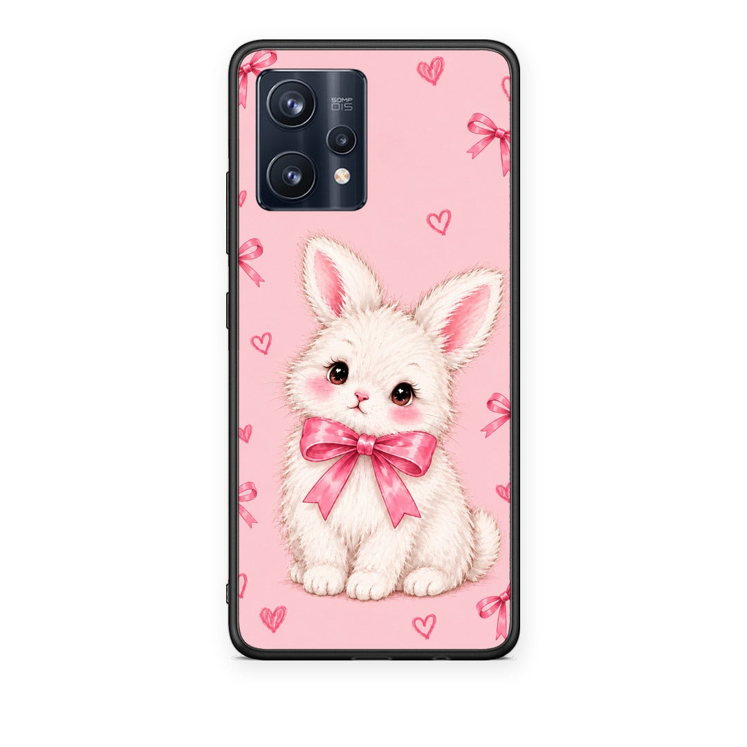 Θήκη Realme 9 / 9 Pro+ 5G White Bunny and Pink Bows από τη Smartfits με σχέδιο στο πίσω μέρος και μαύρο περίβλημα | Realme 9 / 9 Pro+ 5G White Bunny and Pink Bows case with colorful back and black bezels