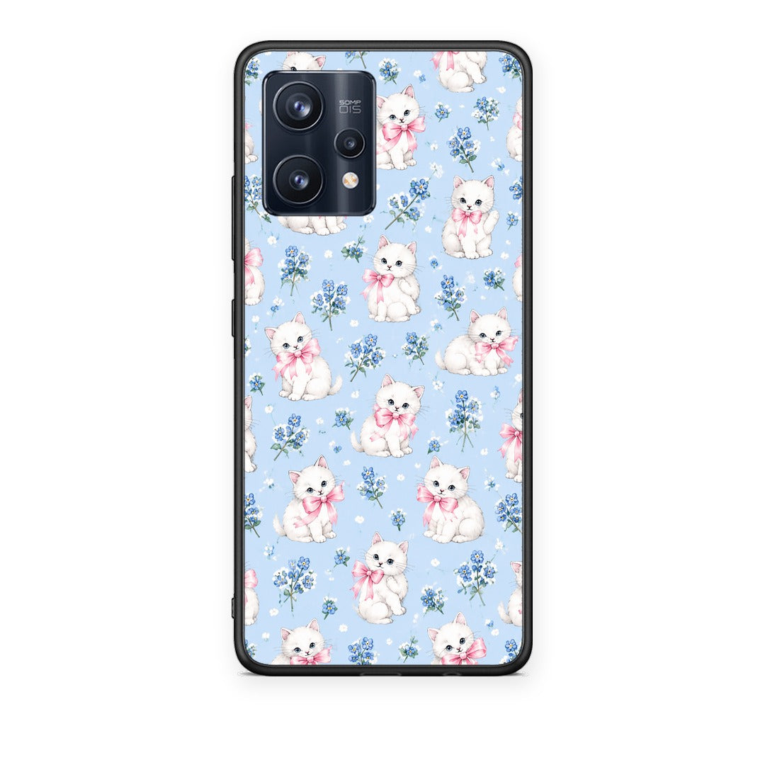 Θήκη Realme 9 / 9 Pro+ 5G White Kittens and Blue Flowers Small από τη Smartfits με σχέδιο στο πίσω μέρος και μαύρο περίβλημα | Realme 9 / 9 Pro+ 5G White Kittens and Blue Flowers Small case with colorful back and black bezels