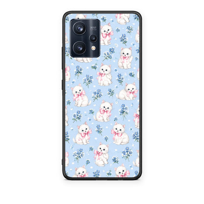 Θήκη Realme 9 / 9 Pro+ 5G White Kittens and Blue Flowers Small από τη Smartfits με σχέδιο στο πίσω μέρος και μαύρο περίβλημα | Realme 9 / 9 Pro+ 5G White Kittens and Blue Flowers Small case with colorful back and black bezels