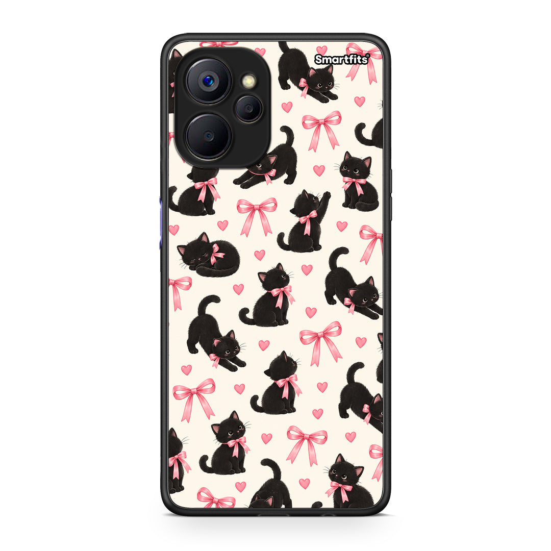 Θήκη Realme 9i 5G Black Kittens and Pink Bows on Cream Small από τη Smartfits με σχέδιο στο πίσω μέρος και μαύρο περίβλημα | Realme 9i 5G Black Kittens and Pink Bows on Cream Small case with colorful back and black bezels