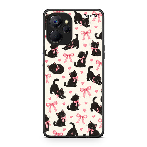Θήκη Realme 9i 5G Black Kittens and Pink Bows on Cream Small από τη Smartfits με σχέδιο στο πίσω μέρος και μαύρο περίβλημα | Realme 9i 5G Black Kittens and Pink Bows on Cream Small case with colorful back and black bezels