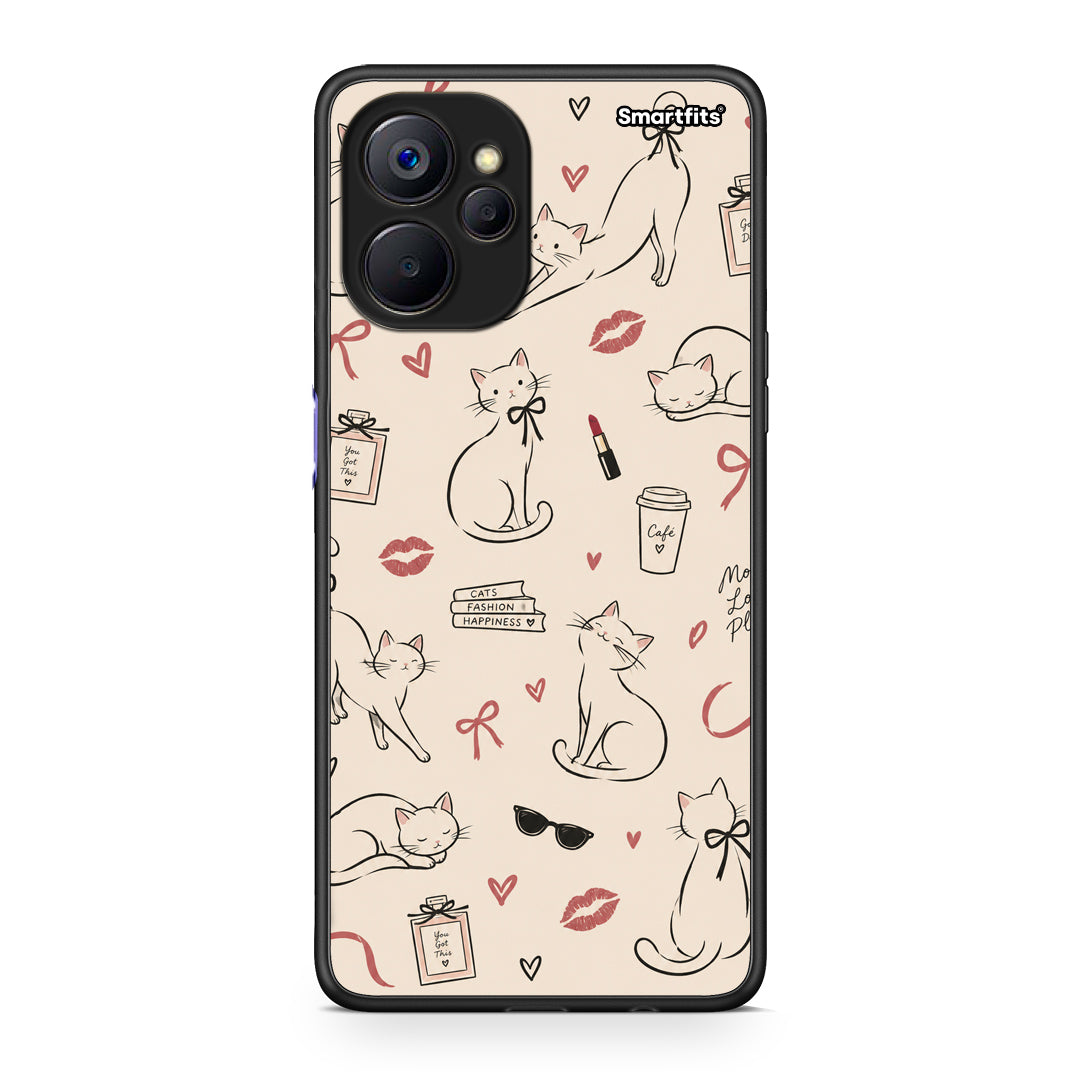 Θήκη Realme 9i 5G Minimal Cat and Fashion Doodles on Cream από τη Smartfits με σχέδιο στο πίσω μέρος και μαύρο περίβλημα | Realme 9i 5G Minimal Cat and Fashion Doodles on Cream case with colorful back and black bezels
