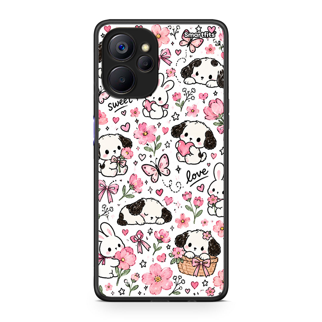 Θήκη Realme 9i 5G Pink Florals Puppies and Bunnies on White από τη Smartfits με σχέδιο στο πίσω μέρος και μαύρο περίβλημα | Realme 9i 5G Pink Florals Puppies and Bunnies on White case with colorful back and black bezels