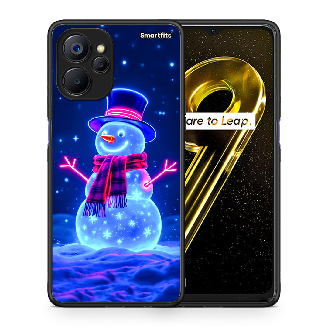 Θήκη Realme 9i 5G Christmas Neon Snowman από τη Smartfits με σχέδιο στο πίσω μέρος και μαύρο περίβλημα | Realme 9i 5G Christmas Neon Snowman case with colorful back and black bezels