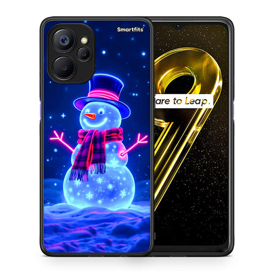 Θήκη Realme 9i 5G Christmas Neon Snowman από τη Smartfits με σχέδιο στο πίσω μέρος και μαύρο περίβλημα | Realme 9i 5G Christmas Neon Snowman case with colorful back and black bezels