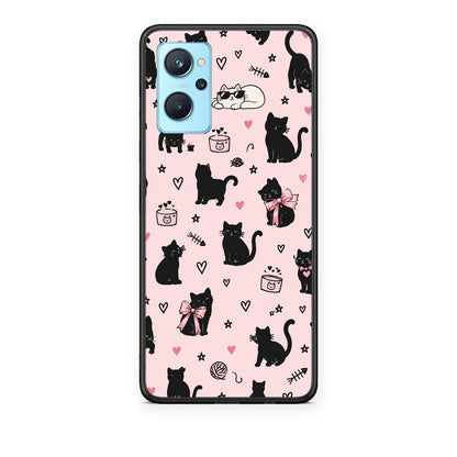 Θήκη Realme 9i Black Cat Doodles on Pink από τη Smartfits με σχέδιο στο πίσω μέρος και μαύρο περίβλημα | Realme 9i Black Cat Doodles on Pink case with colorful back and black bezels