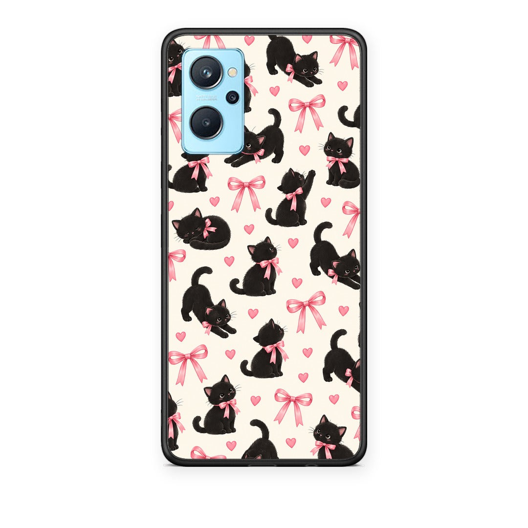 Θήκη Realme 9i Black Kittens and Pink Bows on Cream Small από τη Smartfits με σχέδιο στο πίσω μέρος και μαύρο περίβλημα | Realme 9i Black Kittens and Pink Bows on Cream Small case with colorful back and black bezels