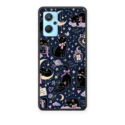 Θήκη Oppo A96 Celestial Black Cats on Navy από τη Smartfits με σχέδιο στο πίσω μέρος και μαύρο περίβλημα | Oppo A96 Celestial Black Cats on Navy case with colorful back and black bezels