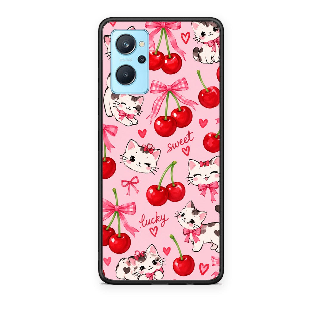 Θήκη Oppo A96 Cherries Bows and Kittens on Pink από τη Smartfits με σχέδιο στο πίσω μέρος και μαύρο περίβλημα | Oppo A96 Cherries Bows and Kittens on Pink case with colorful back and black bezels