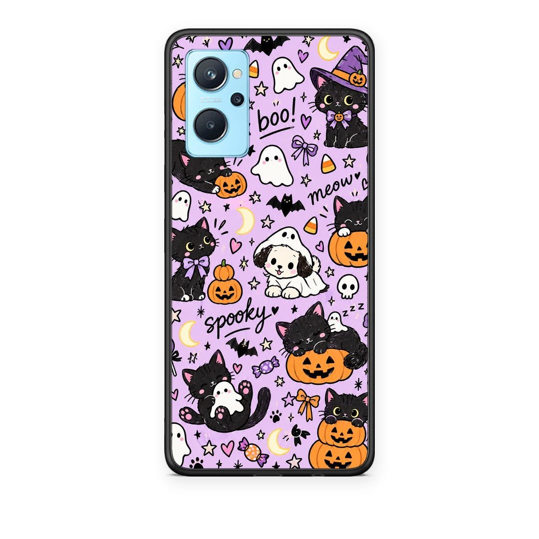 Θήκη Realme 9i Halloween Black Cats on Lilac από τη Smartfits με σχέδιο στο πίσω μέρος και μαύρο περίβλημα | Realme 9i Halloween Black Cats on Lilac case with colorful back and black bezels