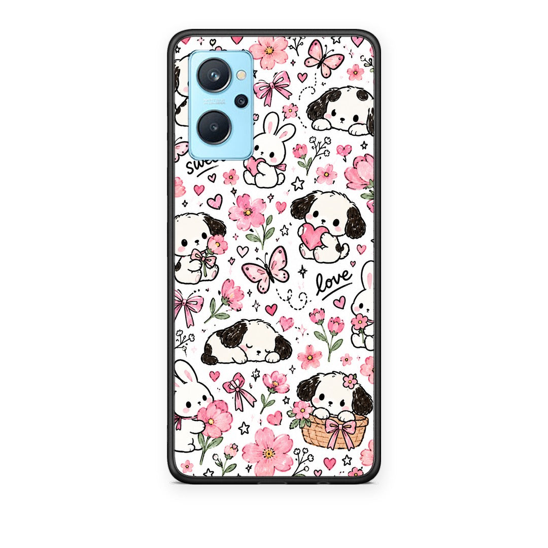 Θήκη Oppo A96 Pink Florals Puppies and Bunnies on White από τη Smartfits με σχέδιο στο πίσω μέρος και μαύρο περίβλημα | Oppo A96 Pink Florals Puppies and Bunnies on White case with colorful back and black bezels