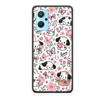 Θήκη Oppo A96 Pink Florals Puppies and Bunnies on White από τη Smartfits με σχέδιο στο πίσω μέρος και μαύρο περίβλημα | Oppo A96 Pink Florals Puppies and Bunnies on White case with colorful back and black bezels
