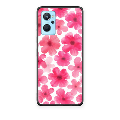 Θήκη Realme 9i Pink Watercolour Flowers on White από τη Smartfits με σχέδιο στο πίσω μέρος και μαύρο περίβλημα | Realme 9i Pink Watercolour Flowers on White case with colorful back and black bezels