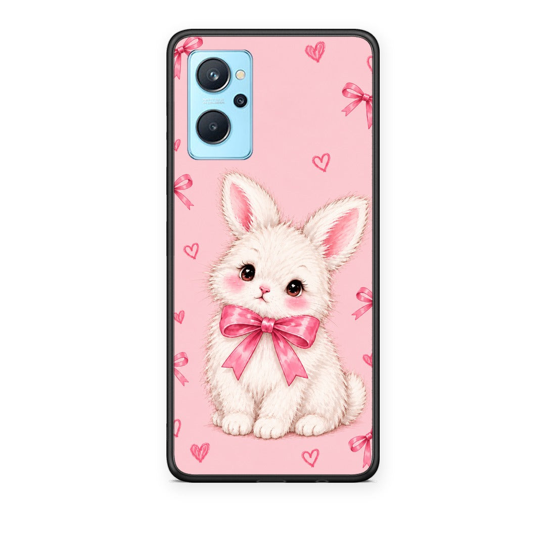 Θήκη Realme 9i White Bunny and Pink Bows από τη Smartfits με σχέδιο στο πίσω μέρος και μαύρο περίβλημα | Realme 9i White Bunny and Pink Bows case with colorful back and black bezels