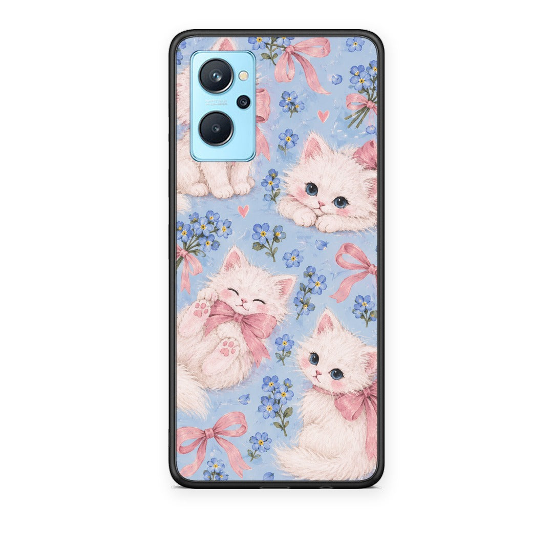 Θήκη Realme 9i White Kittens and Blue Flowers Large από τη Smartfits με σχέδιο στο πίσω μέρος και μαύρο περίβλημα | Realme 9i White Kittens and Blue Flowers Large case with colorful back and black bezels