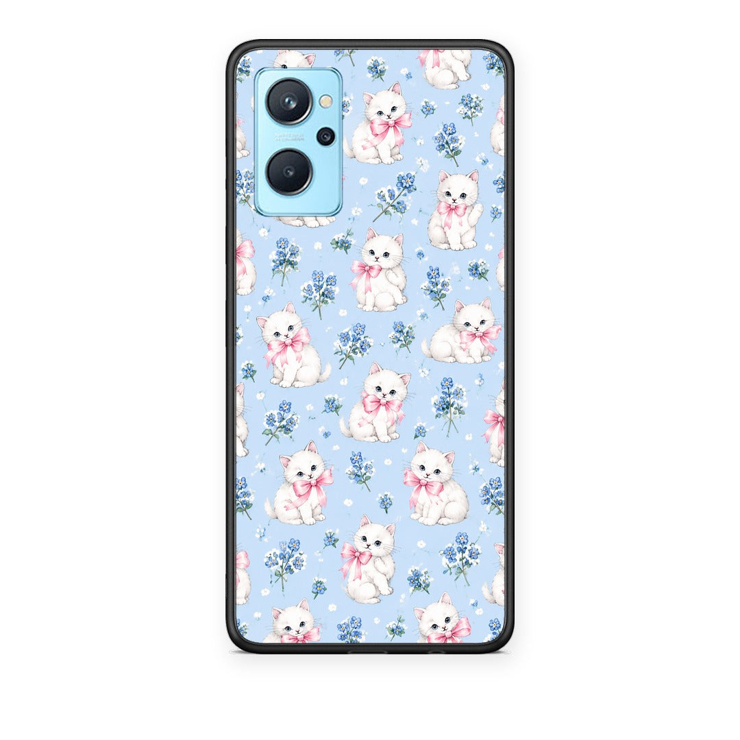 Θήκη Realme 9i White Kittens and Blue Flowers Small από τη Smartfits με σχέδιο στο πίσω μέρος και μαύρο περίβλημα | Realme 9i White Kittens and Blue Flowers Small case with colorful back and black bezels