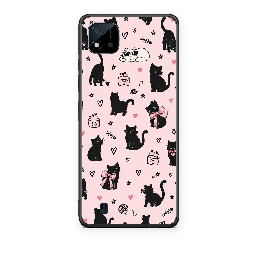 Θήκη Realme C11 2021 / C20 Black Cat Doodles on Pink από τη Smartfits με σχέδιο στο πίσω μέρος και μαύρο περίβλημα | Realme C11 2021 / C20 Black Cat Doodles on Pink case with colorful back and black bezels