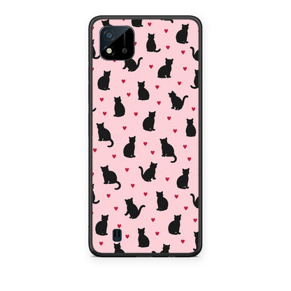 Θήκη Realme C11 2021 / C20 Black Cat Silhouettes and Hearts on Pink από τη Smartfits με σχέδιο στο πίσω μέρος και μαύρο περίβλημα | Realme C11 2021 / C20 Black Cat Silhouettes and Hearts on Pink case with colorful back and black bezels