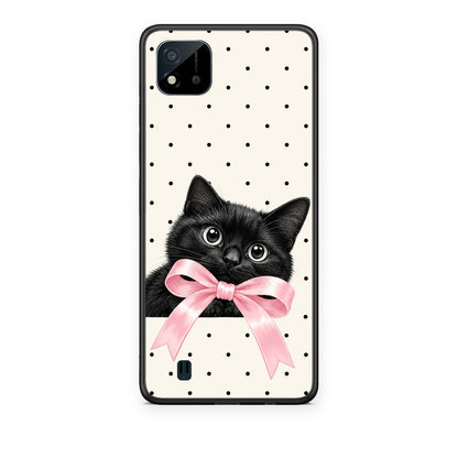 Θήκη Realme C11 2021 / C20 Black Kitten Pink Bow and Polka Dots από τη Smartfits με σχέδιο στο πίσω μέρος και μαύρο περίβλημα | Realme C11 2021 / C20 Black Kitten Pink Bow and Polka Dots case with colorful back and black bezels