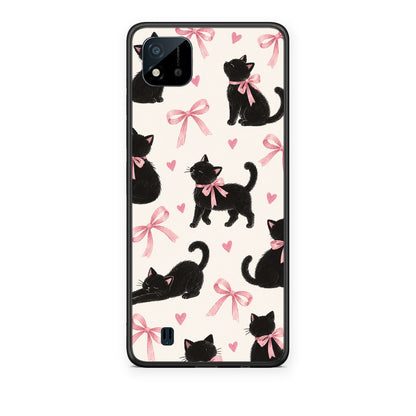 Θήκη Realme C11 2021 / C20 Black Kittens and Pink Bows on Cream Large από τη Smartfits με σχέδιο στο πίσω μέρος και μαύρο περίβλημα | Realme C11 2021 / C20 Black Kittens and Pink Bows on Cream Large case with colorful back and black bezels
