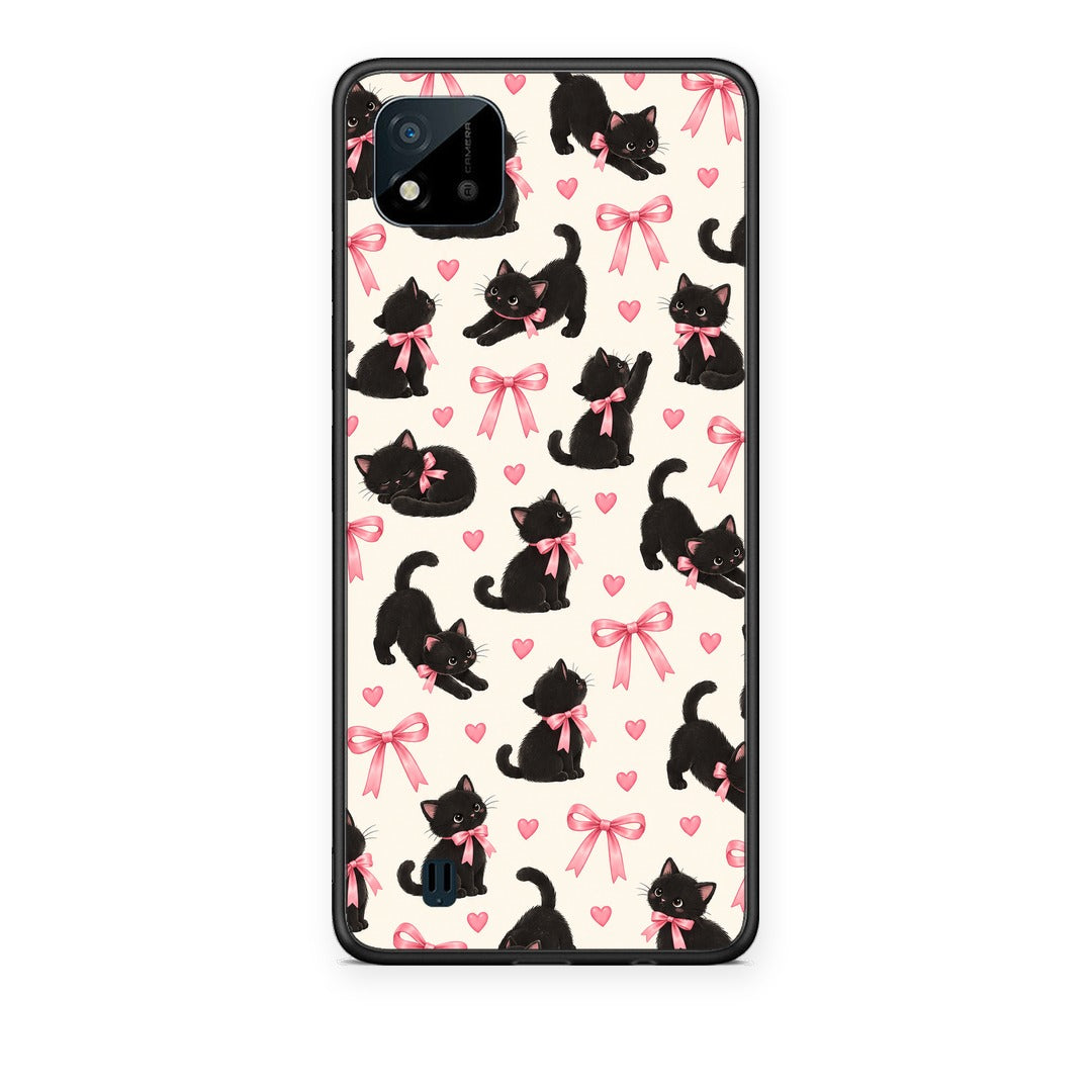 Θήκη Realme C11 2021 / C20 Black Kittens and Pink Bows on Cream Small από τη Smartfits με σχέδιο στο πίσω μέρος και μαύρο περίβλημα | Realme C11 2021 / C20 Black Kittens and Pink Bows on Cream Small case with colorful back and black bezels