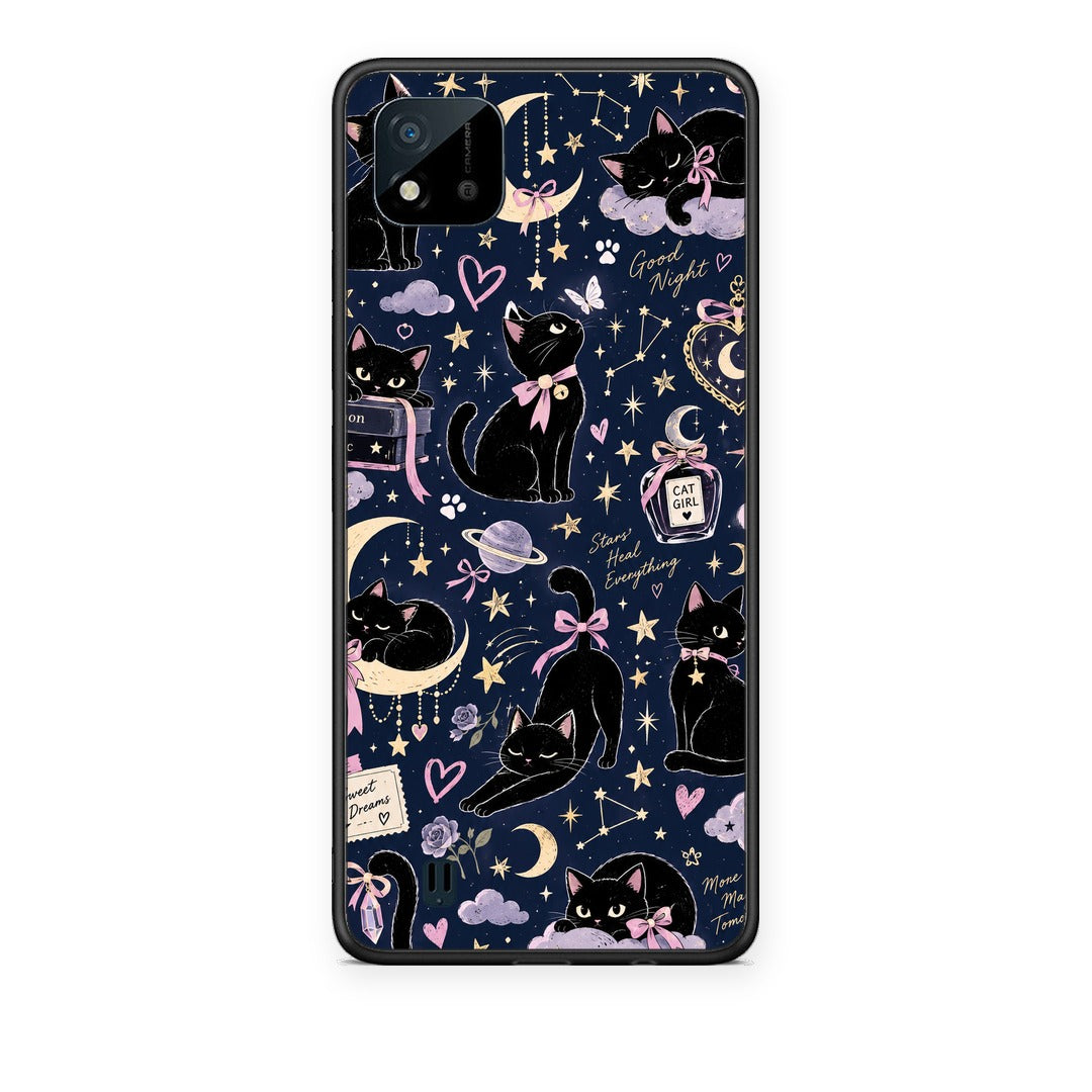 Θήκη Realme C11 2021 / C20 Celestial Black Cats on Navy από τη Smartfits με σχέδιο στο πίσω μέρος και μαύρο περίβλημα | Realme C11 2021 / C20 Celestial Black Cats on Navy case with colorful back and black bezels