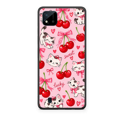 Θήκη Realme C11 2021 / C20 Cherries Bows and Kittens on Pink από τη Smartfits με σχέδιο στο πίσω μέρος και μαύρο περίβλημα | Realme C11 2021 / C20 Cherries Bows and Kittens on Pink case with colorful back and black bezels