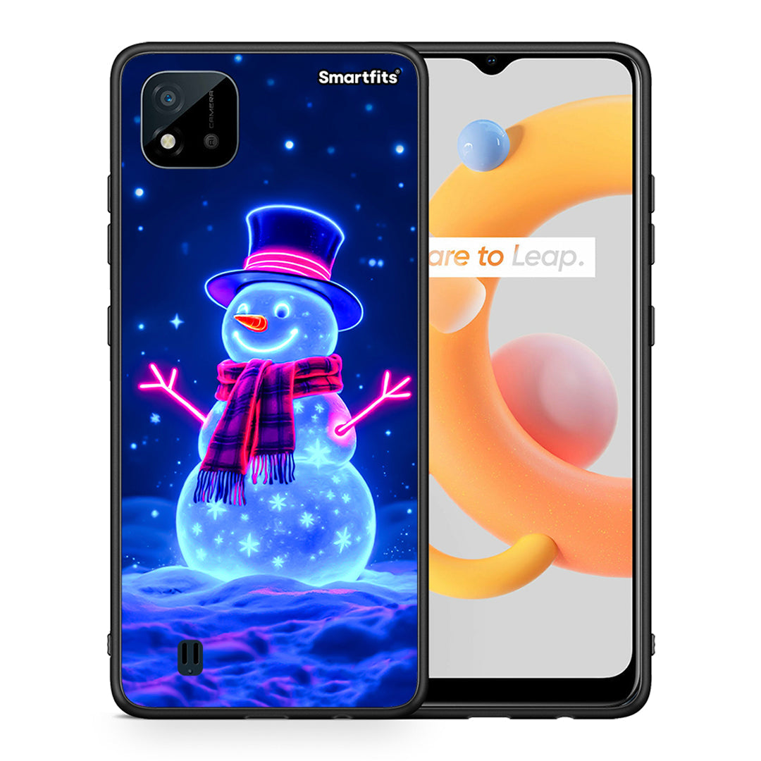 Θήκη Realme C11 2021 Christmas Neon Snowman από τη Smartfits με σχέδιο στο πίσω μέρος και μαύρο περίβλημα | Realme C11 2021 Christmas Neon Snowman case with colorful back and black bezels