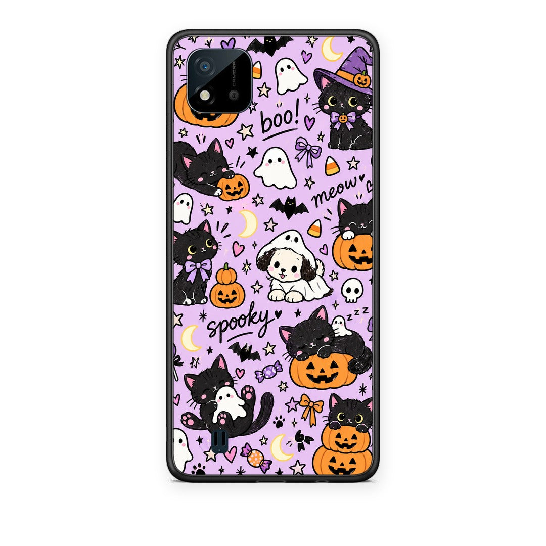 Θήκη Realme C11 2021 / C20 Halloween Black Cats on Lilac από τη Smartfits με σχέδιο στο πίσω μέρος και μαύρο περίβλημα | Realme C11 2021 / C20 Halloween Black Cats on Lilac case with colorful back and black bezels
