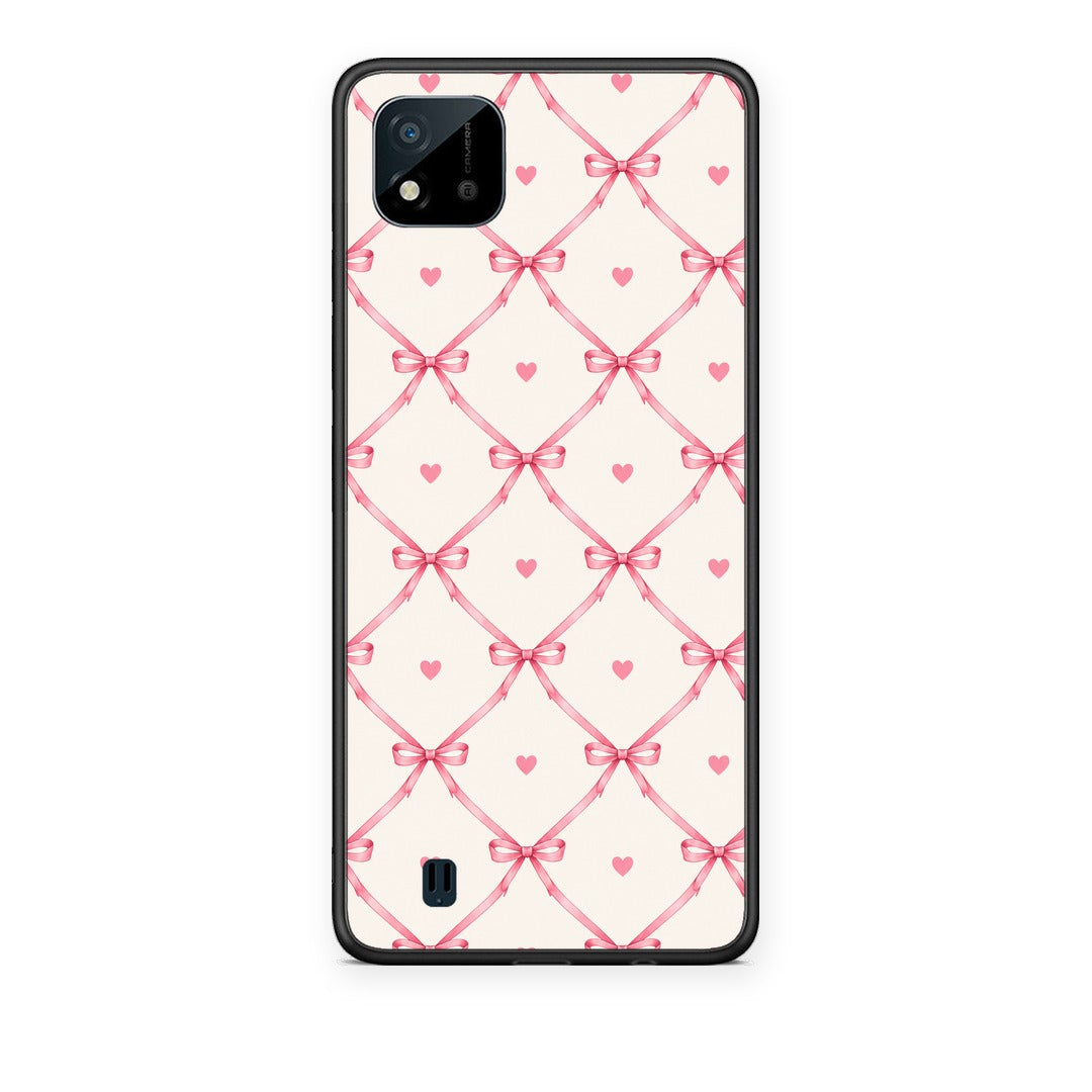 Θήκη Realme C11 2021 / C20 Pink Bow Lattice and Hearts on Cream από τη Smartfits με σχέδιο στο πίσω μέρος και μαύρο περίβλημα | Realme C11 2021 / C20 Pink Bow Lattice and Hearts on Cream case with colorful back and black bezels