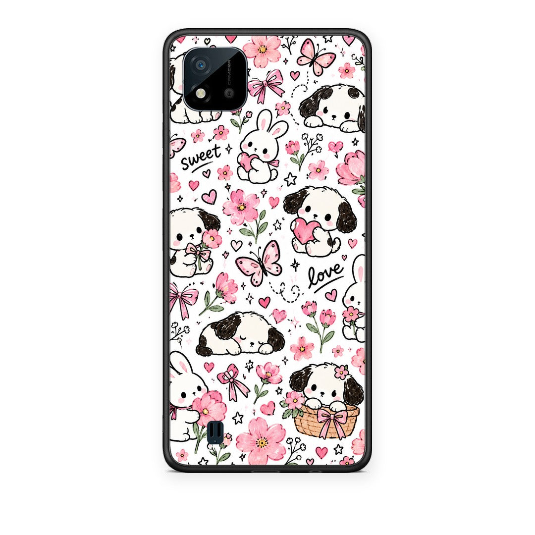 Θήκη Realme C11 2021 / C20 Pink Florals Puppies and Bunnies on White από τη Smartfits με σχέδιο στο πίσω μέρος και μαύρο περίβλημα | Realme C11 2021 / C20 Pink Florals Puppies and Bunnies on White case with colorful back and black bezels
