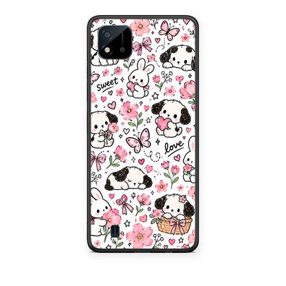 Θήκη Realme C11 2021 / C20 Pink Florals Puppies and Bunnies on White από τη Smartfits με σχέδιο στο πίσω μέρος και μαύρο περίβλημα | Realme C11 2021 / C20 Pink Florals Puppies and Bunnies on White case with colorful back and black bezels