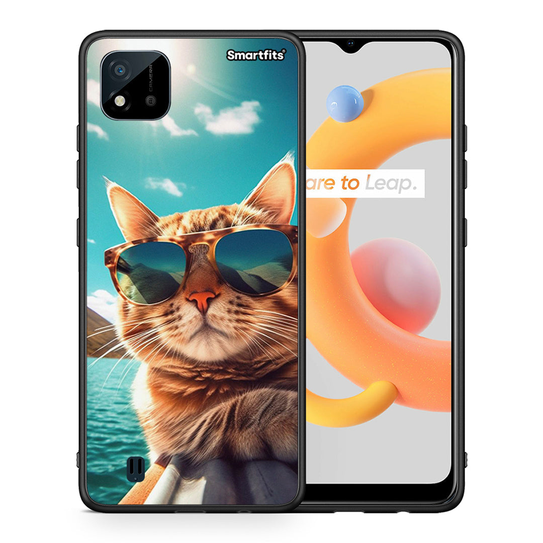 Θήκη Realme C11 2021 Summer Cat από τη Smartfits με σχέδιο στο πίσω μέρος και μαύρο περίβλημα | Realme C11 2021 Summer Cat case with colorful back and black bezels