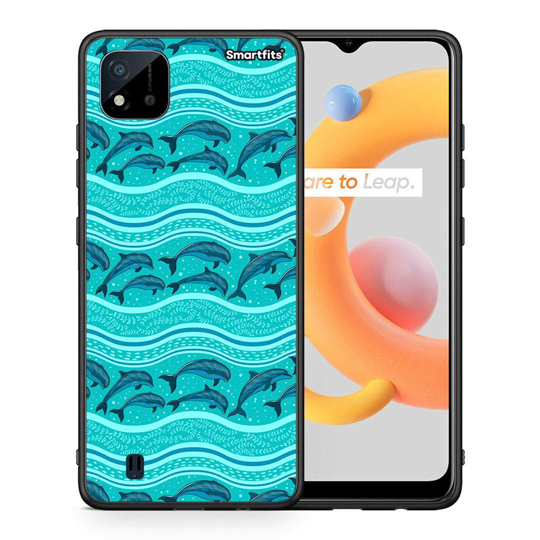 Θήκη Realme C11 2021 Swimming Dolphins από τη Smartfits με σχέδιο στο πίσω μέρος και μαύρο περίβλημα | Realme C11 2021 Swimming Dolphins case with colorful back and black bezels