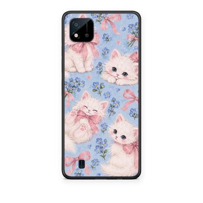 Θήκη Realme C11 2021 / C20 White Kittens and Blue Flowers Large από τη Smartfits με σχέδιο στο πίσω μέρος και μαύρο περίβλημα | Realme C11 2021 / C20 White Kittens and Blue Flowers Large case with colorful back and black bezels