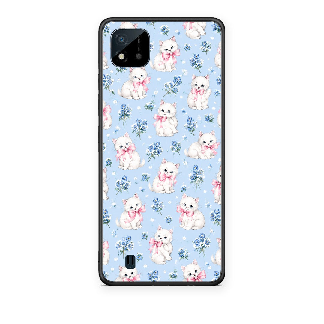 Θήκη Realme C11 2021 / C20 White Kittens and Blue Flowers Small από τη Smartfits με σχέδιο στο πίσω μέρος και μαύρο περίβλημα | Realme C11 2021 / C20 White Kittens and Blue Flowers Small case with colorful back and black bezels
