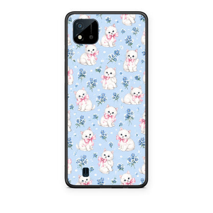 Θήκη Realme C11 2021 / C20 White Kittens and Blue Flowers Small από τη Smartfits με σχέδιο στο πίσω μέρος και μαύρο περίβλημα | Realme C11 2021 / C20 White Kittens and Blue Flowers Small case with colorful back and black bezels
