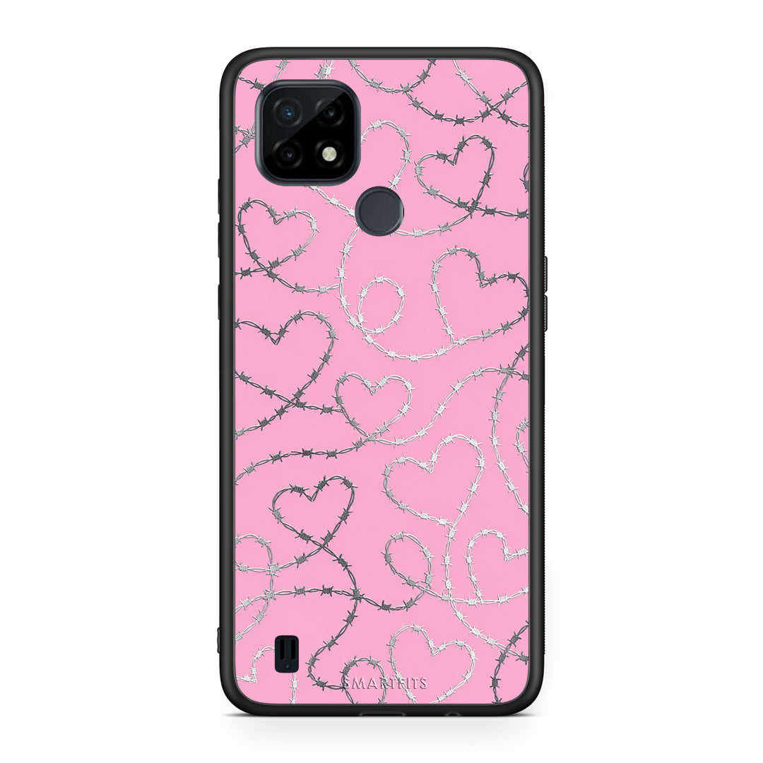 Θήκη Realme C21 Barbed Wire Hearts on Pink από τη Smartfits με σχέδιο στο πίσω μέρος και μαύρο περίβλημα | Realme C21 Barbed Wire Hearts on Pink case with colorful back and black bezels