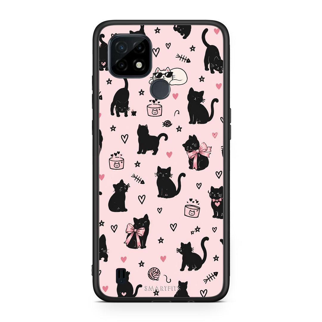 Θήκη Realme C21 Black Cat Doodles on Pink από τη Smartfits με σχέδιο στο πίσω μέρος και μαύρο περίβλημα | Realme C21 Black Cat Doodles on Pink case with colorful back and black bezels
