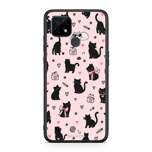 Θήκη Realme C21 Black Cat Doodles on Pink από τη Smartfits με σχέδιο στο πίσω μέρος και μαύρο περίβλημα | Realme C21 Black Cat Doodles on Pink case with colorful back and black bezels