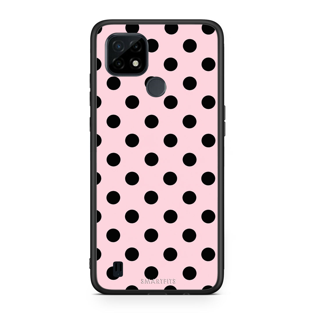 Θήκη Realme C21 Black Polka Dots on Pink από τη Smartfits με σχέδιο στο πίσω μέρος και μαύρο περίβλημα | Realme C21 Black Polka Dots on Pink case with colorful back and black bezels