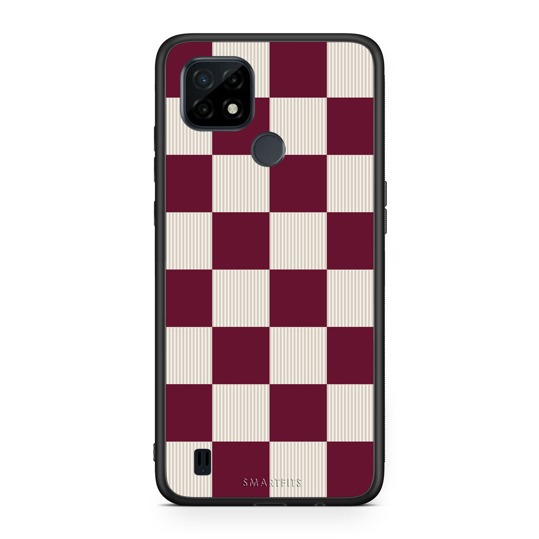 Θήκη Realme C21 Burgundy and Cream Striped Checks από τη Smartfits με σχέδιο στο πίσω μέρος και μαύρο περίβλημα | Realme C21 Burgundy and Cream Striped Checks case with colorful back and black bezels