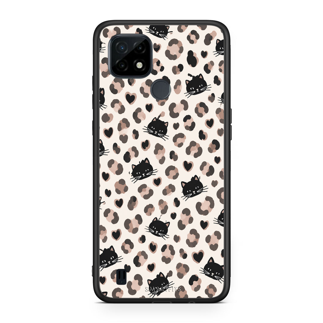 Θήκη Realme C21 Leopard Spots and Black Cats on Cream από τη Smartfits με σχέδιο στο πίσω μέρος και μαύρο περίβλημα | Realme C21 Leopard Spots and Black Cats on Cream case with colorful back and black bezels